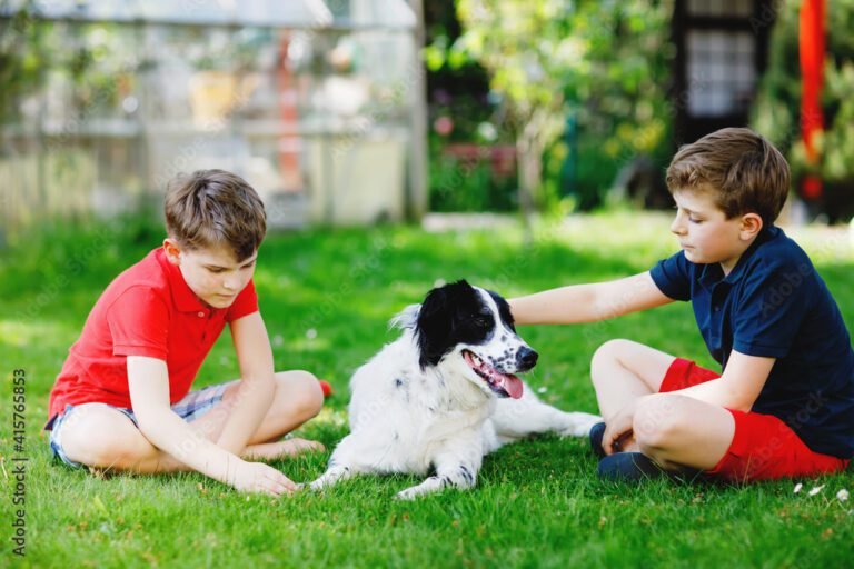 chien jouant avec des enfants heureux