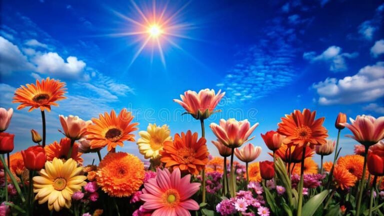 Qu'est-ce que "La Belle Saison" de Nousty et pourquoi est-ce populaire 43 fleurs colorees sous un ciel ensoleille