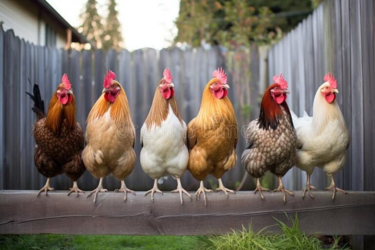 poule perchee sur une cloture en bois