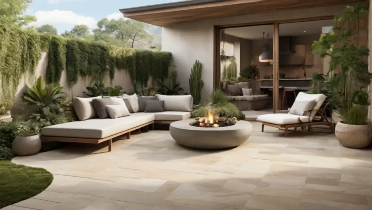 terrasse en beton avec plantes et meubles